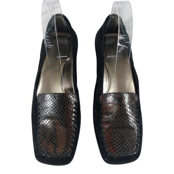 ENZO ANGIOLINI! BLACK GENUINE SUEDE LEATHER, BROWN LIZARD INSET LOAFER HEELS! 8M - Picture 4 of 10